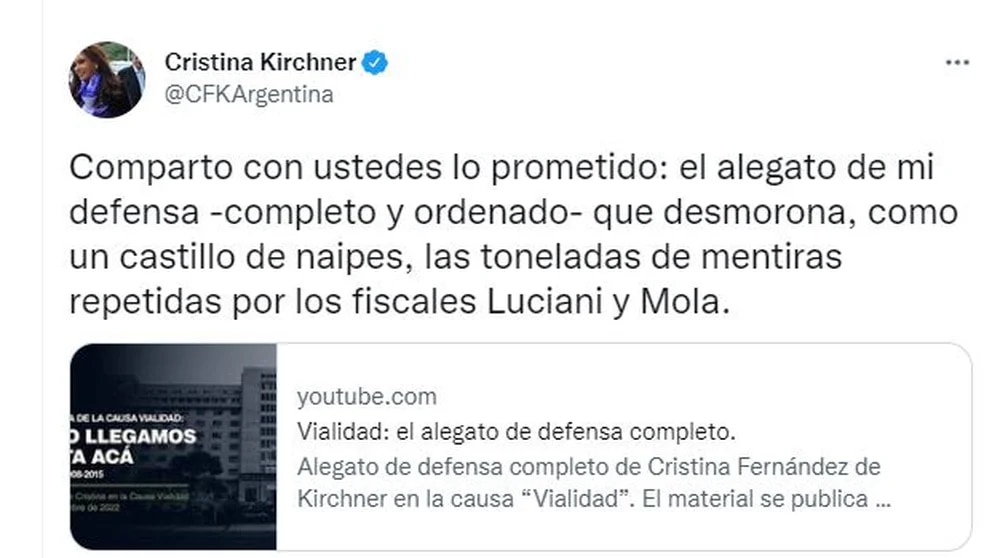 El tuit del Cristina Kirchner con el link de los videos del alegato de su defensa en la causa Vialidad